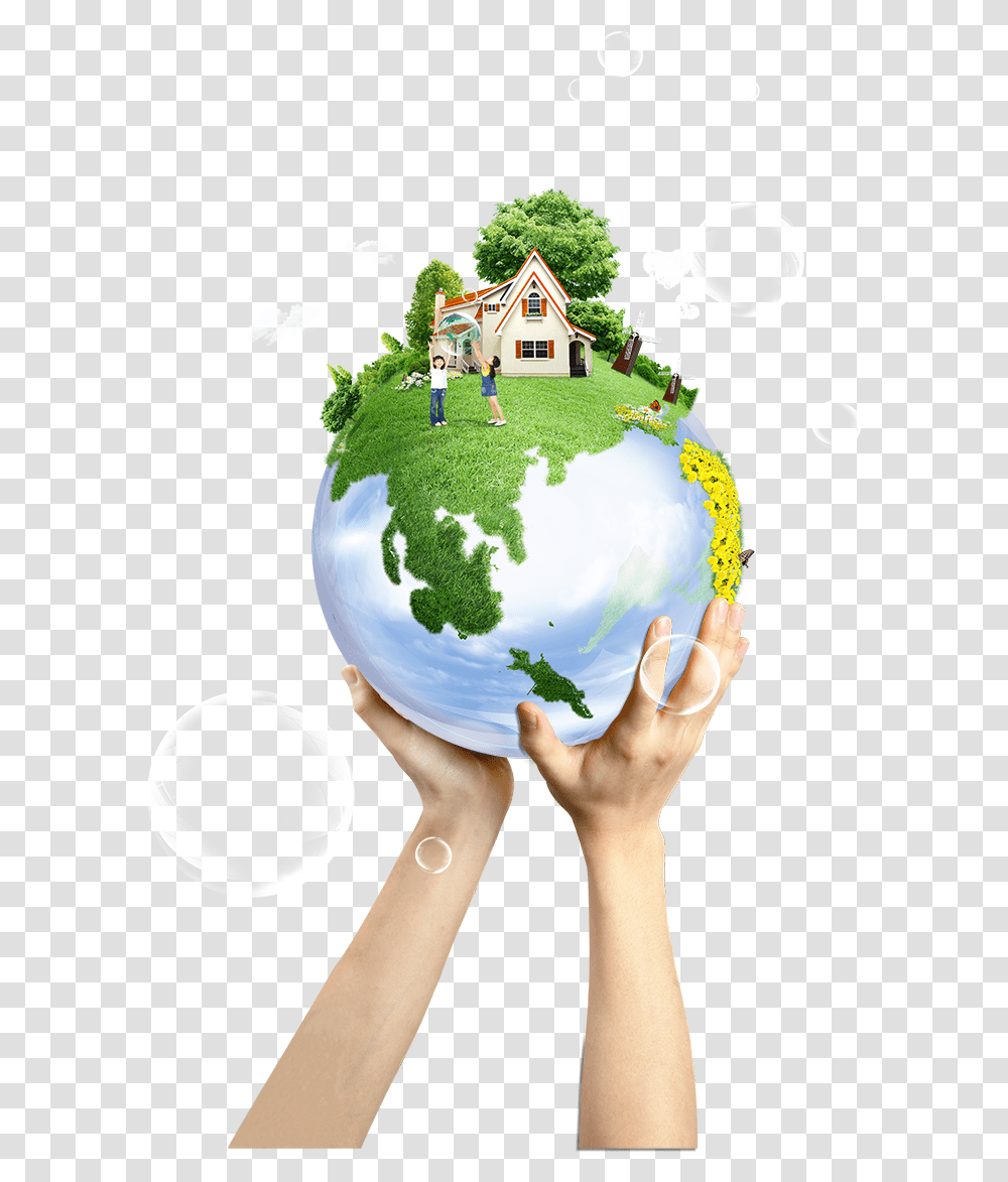 Globe In Hand With House Green Background Climate Change, Person, Human, Outer Space, Astronomy Transparent Png
