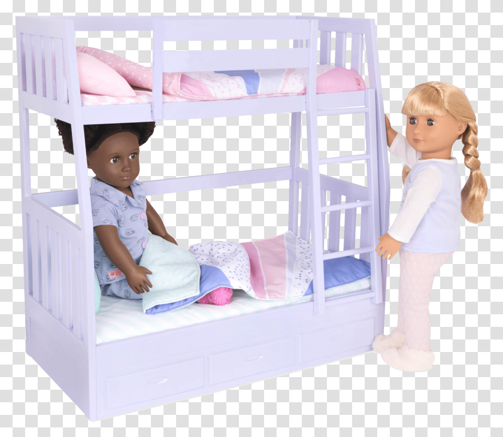 Gloria And Jovie Dolls In Bed Our Generation Bunk Bed, Furniture, Crib, Person, Human Transparent Png