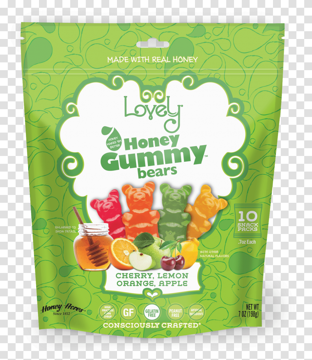 Gluten Free Candy Honey Gummy Bear 10 Ct Snack Pack Lovely Honey Gummy Bears, Advertisement, Poster, Flyer, Paper Transparent Png