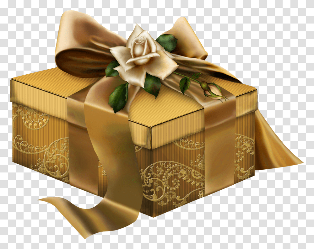 Gold 3d Present With Roses Clipart Gifts Clipart 3d, Box, Treasure Transparent Png