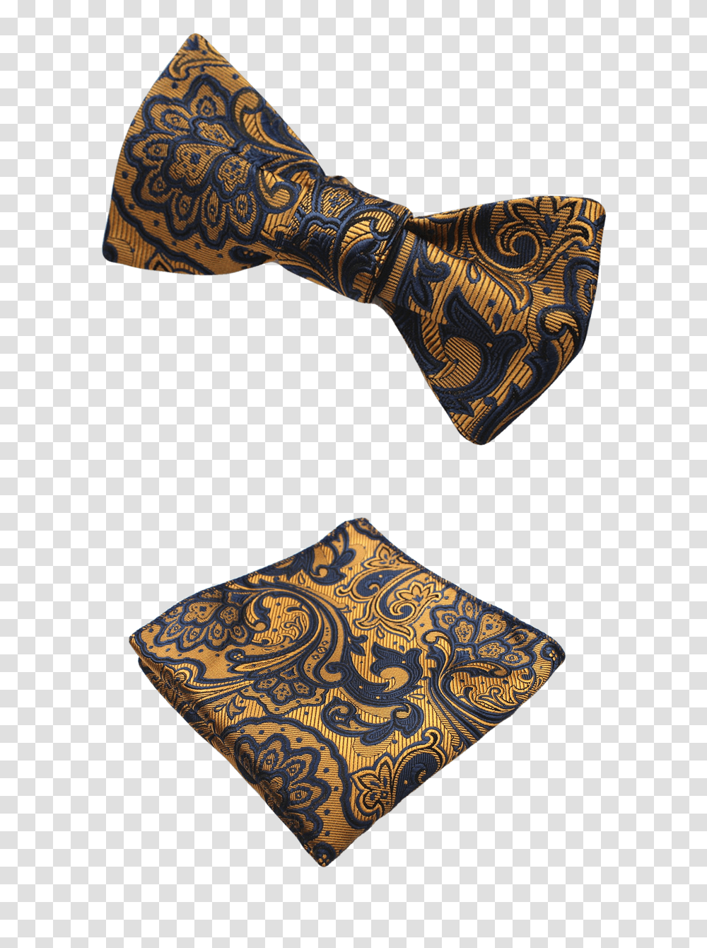 Gold And Dark Blue Pattern Bow Tie And Pocket Square, Accessories, Accessory, Necktie, Paisley Transparent Png