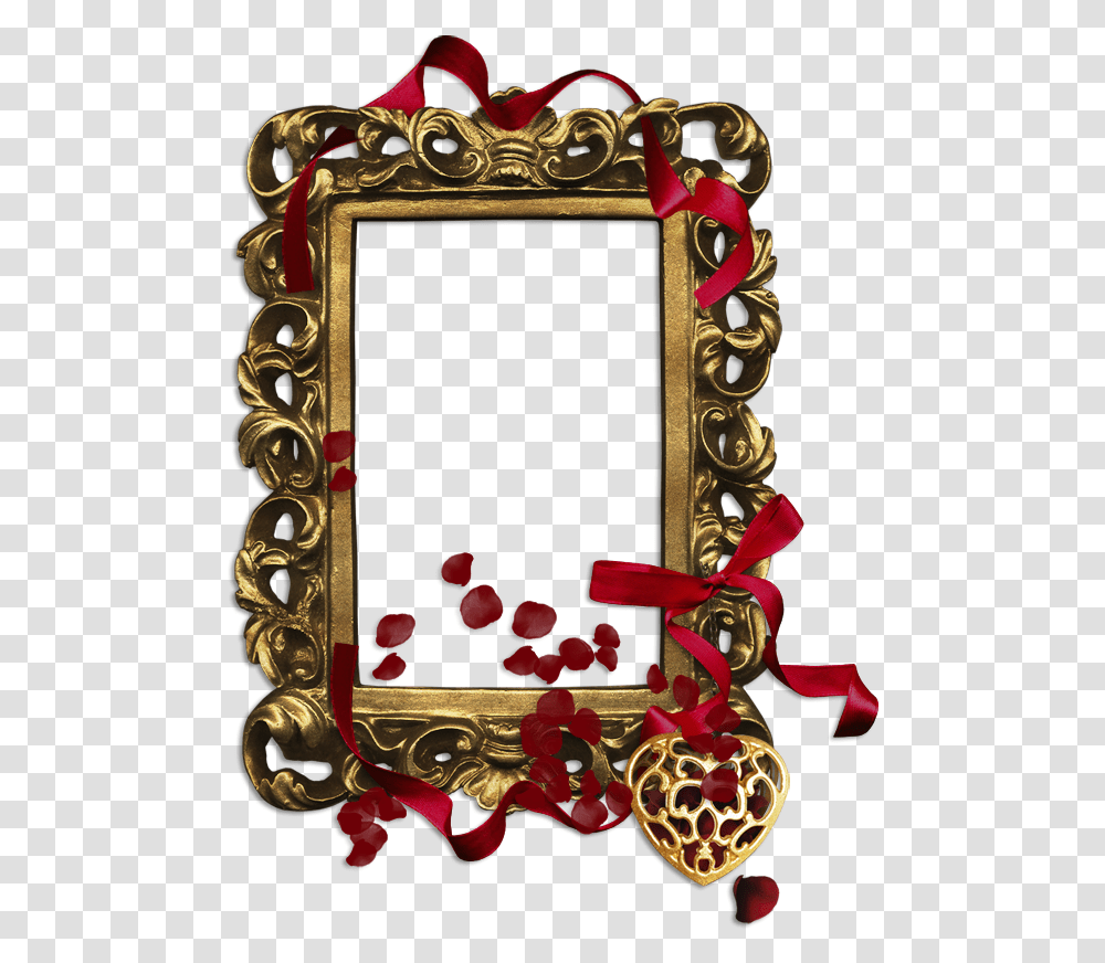 Gold Classic Frame With Red Ribbon Red And Gold Frame, Mirror, Accessories, Accessory, Furniture Transparent Png