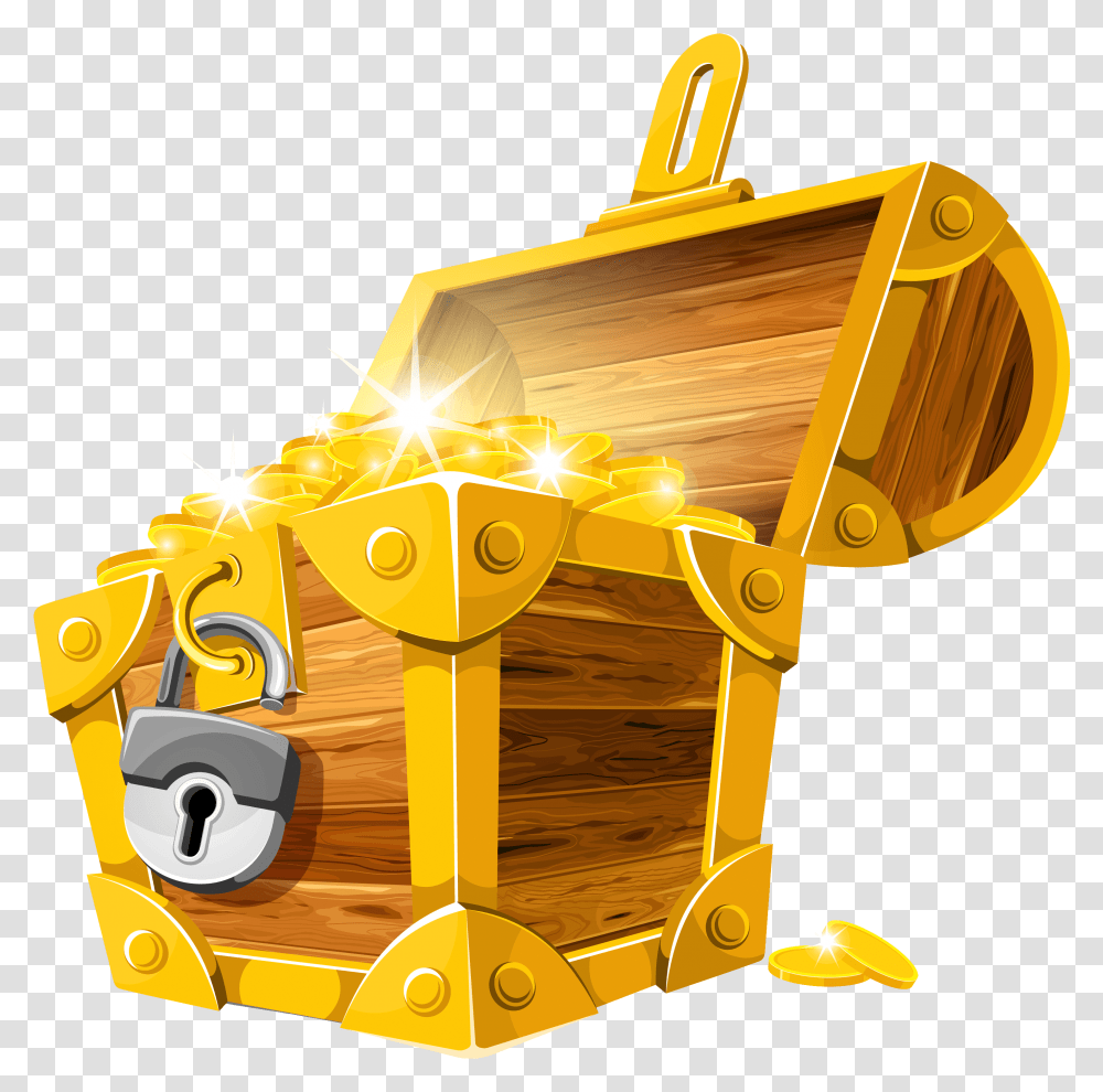 Gold Coins Treasure Chest Clipart Picture Treasure, Bulldozer, Tractor, Vehicle, Transportation Transparent Png