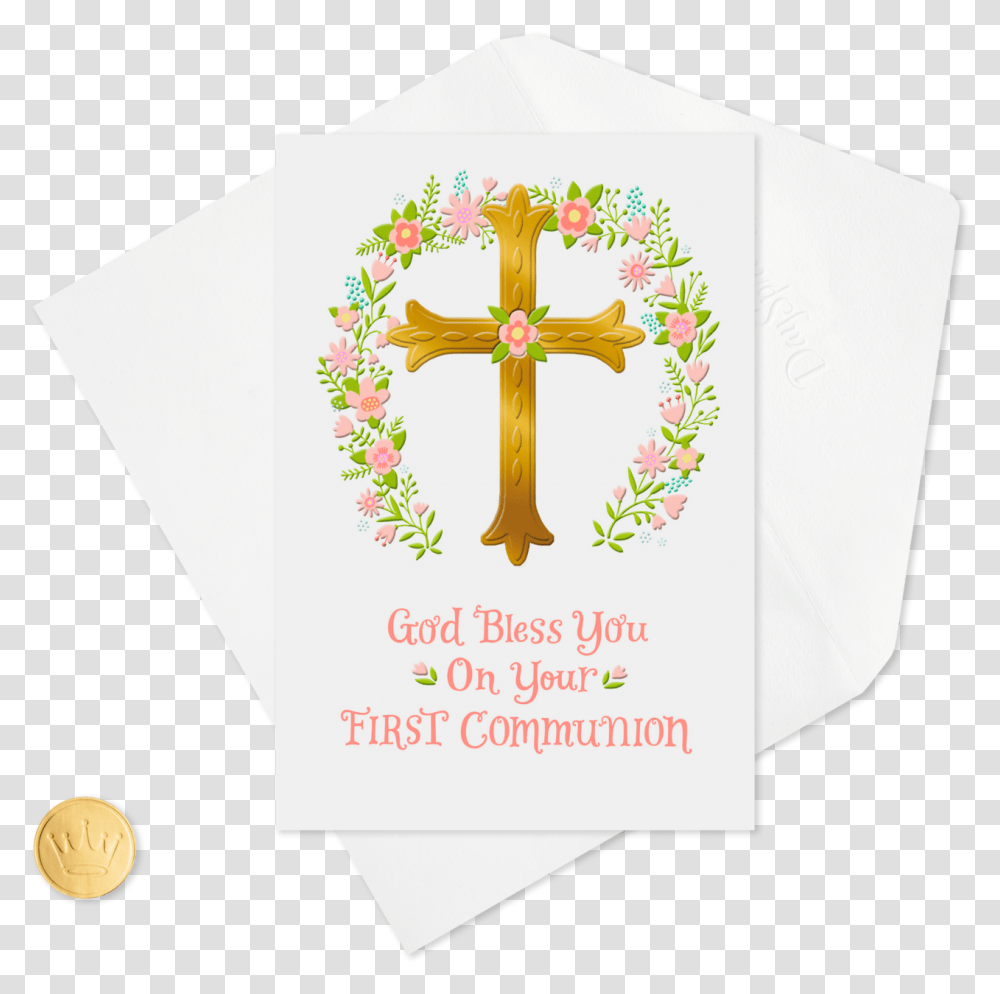 Gold Cross And Pink Flower Wreath First Communion Card Gold Cross With Flowers, Crucifix, Business Card Transparent Png