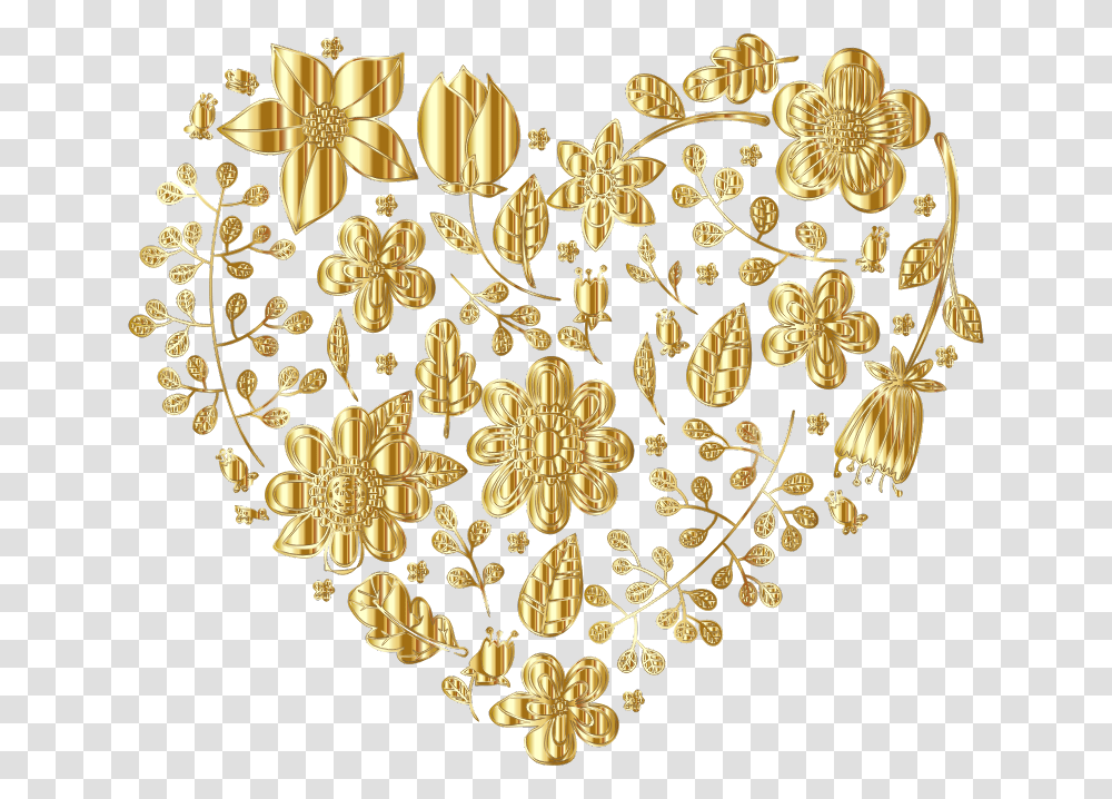 Gold Floral Heart Variation 2 No Background Heart Gold, Chandelier, Lamp, Pattern, Embroidery Transparent Png