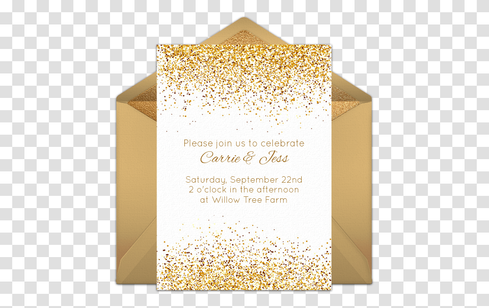 Gold Glitter Confetti We Just Love This Free Golden White And Gold Invitation, Paper, Envelope, Menu, Text Transparent Png