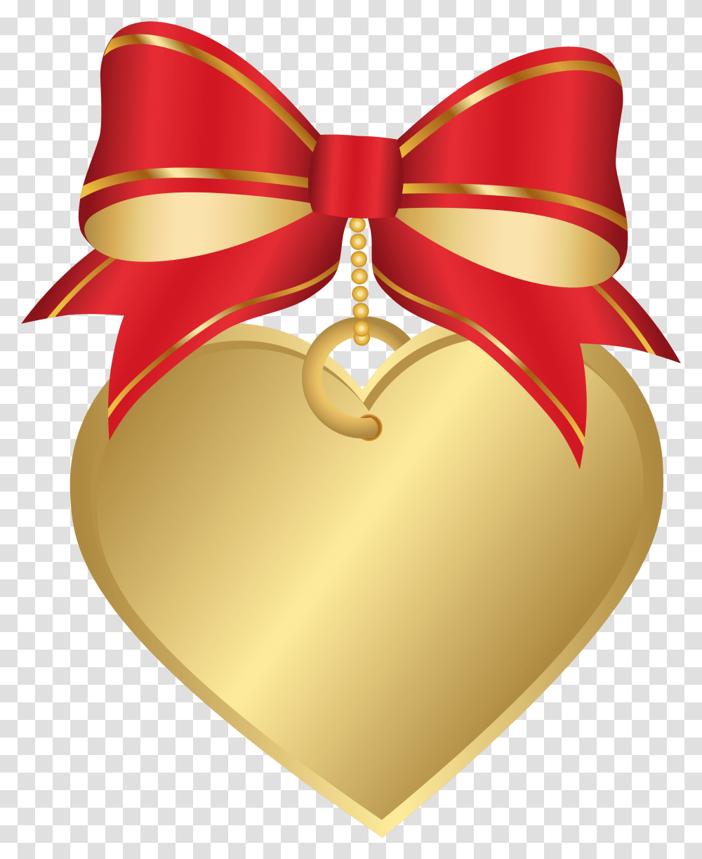 Gold Heart With Red Bow Clip Art Image Ribbon, Lamp, Plant, Label, Text Transparent Png