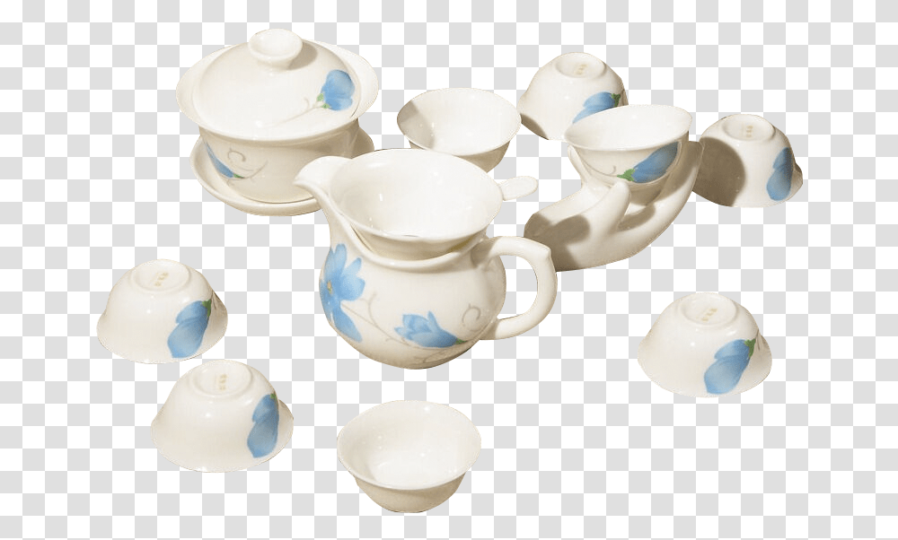 Gold Inlaid Jade White Porcelain Tea Set Kung Fu Tea Blue And White Porcelain, Pottery, Saucer Transparent Png