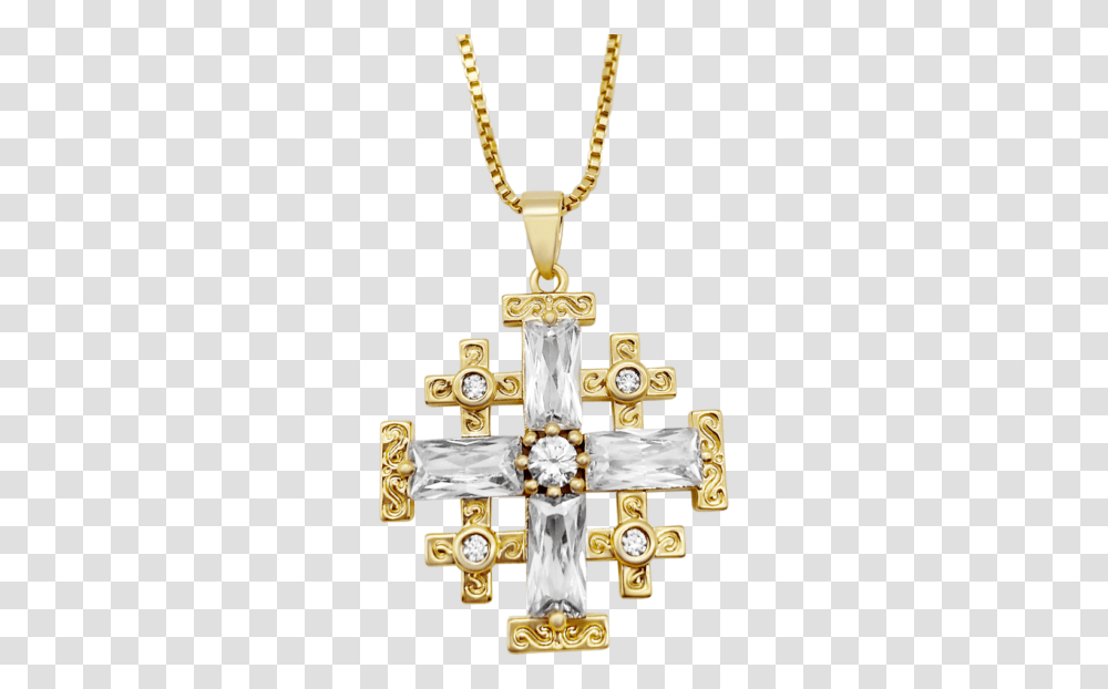 Gold Plated Jerusalem Cross Pendant Clear Topaz Crystals Jewelry Chain Necklace Locket, Symbol, Wristwatch, Crucifix Transparent Png