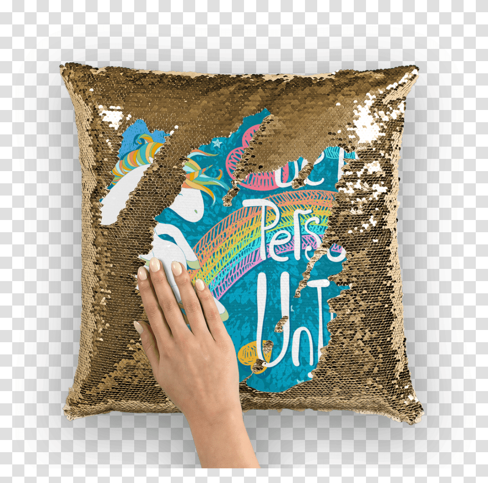 Gold Underline Be My Personal Unicorn Sequin Cushion Face Sequin Pillow, Diaper, Human Transparent Png