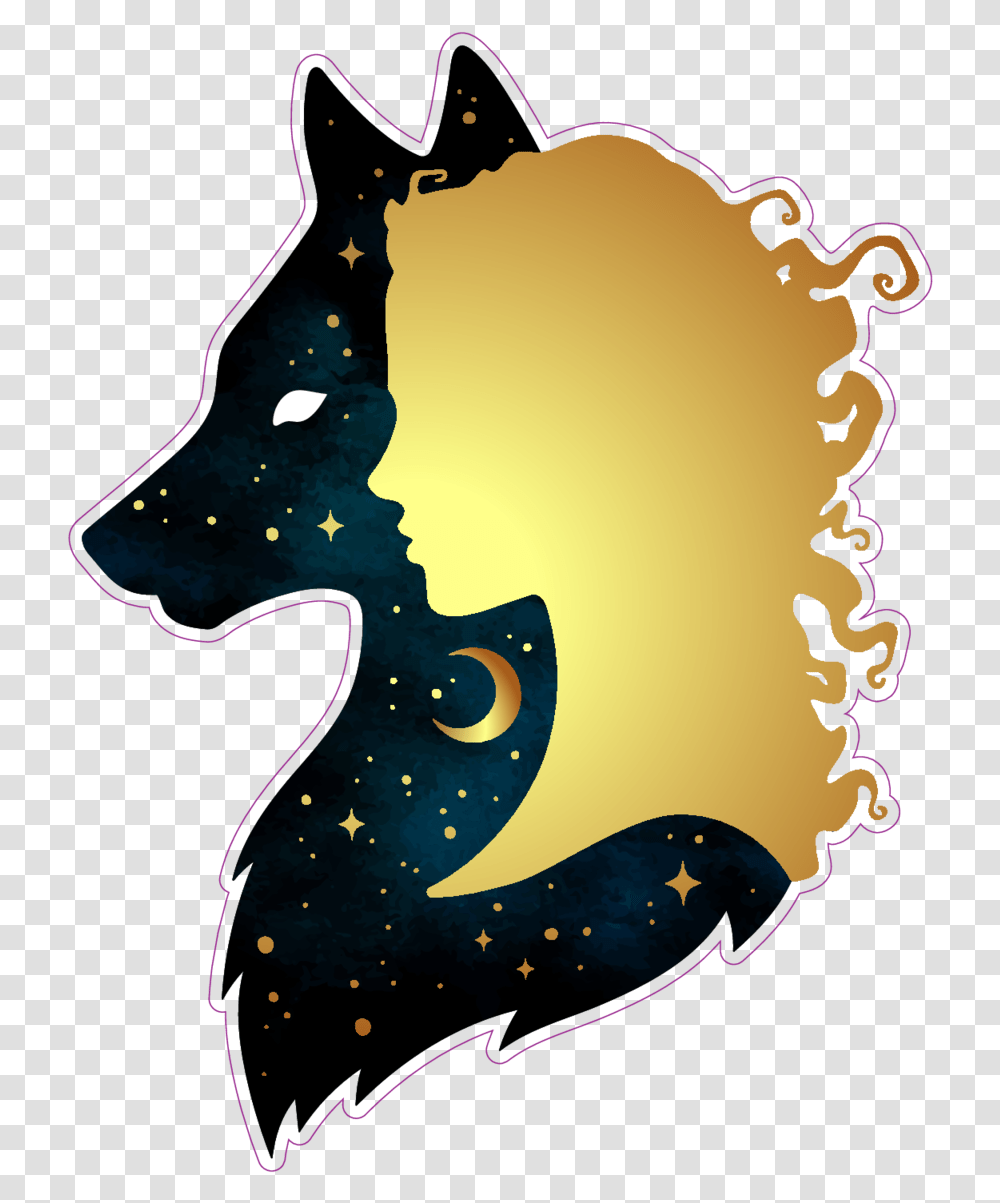 Gold Woman And Space Wolf Silhouettes Sticker Wolf Wolf And Woman Art, Floral Design, Pattern, Outdoors Transparent Png