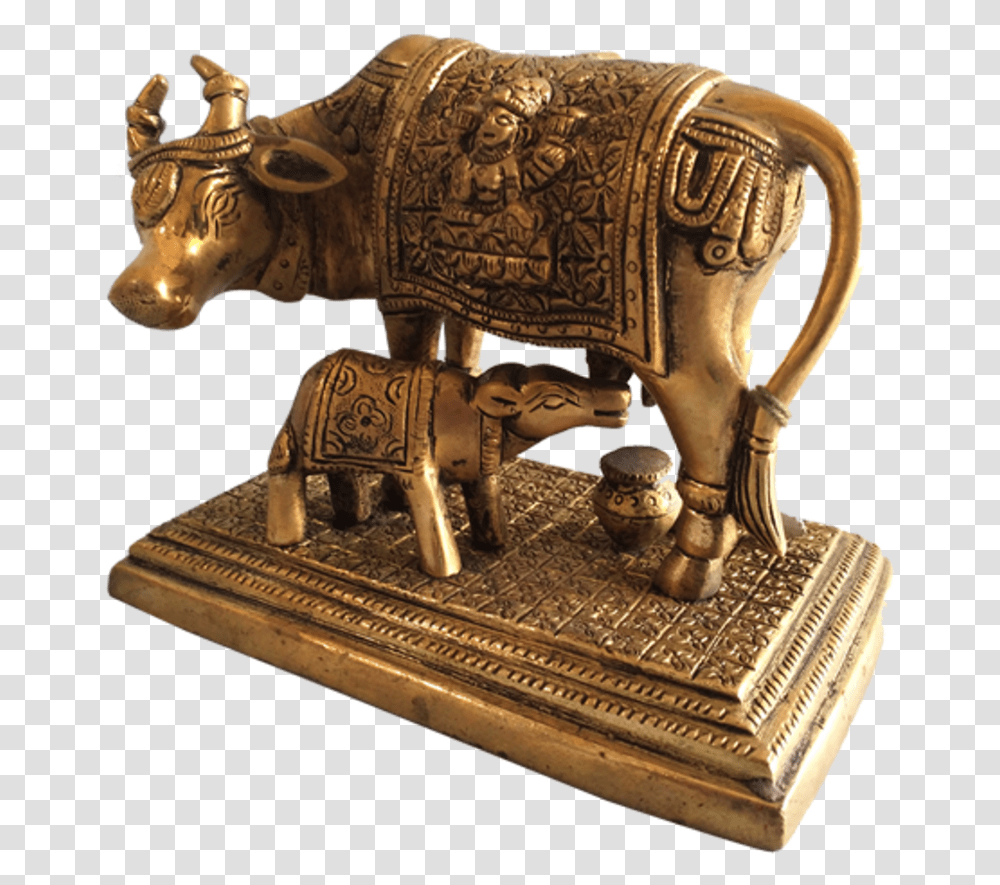 Golden Antique Cow And Calf Religious Brass Statue Working Animal, Bronze, Figurine, Treasure, Elephant Transparent Png