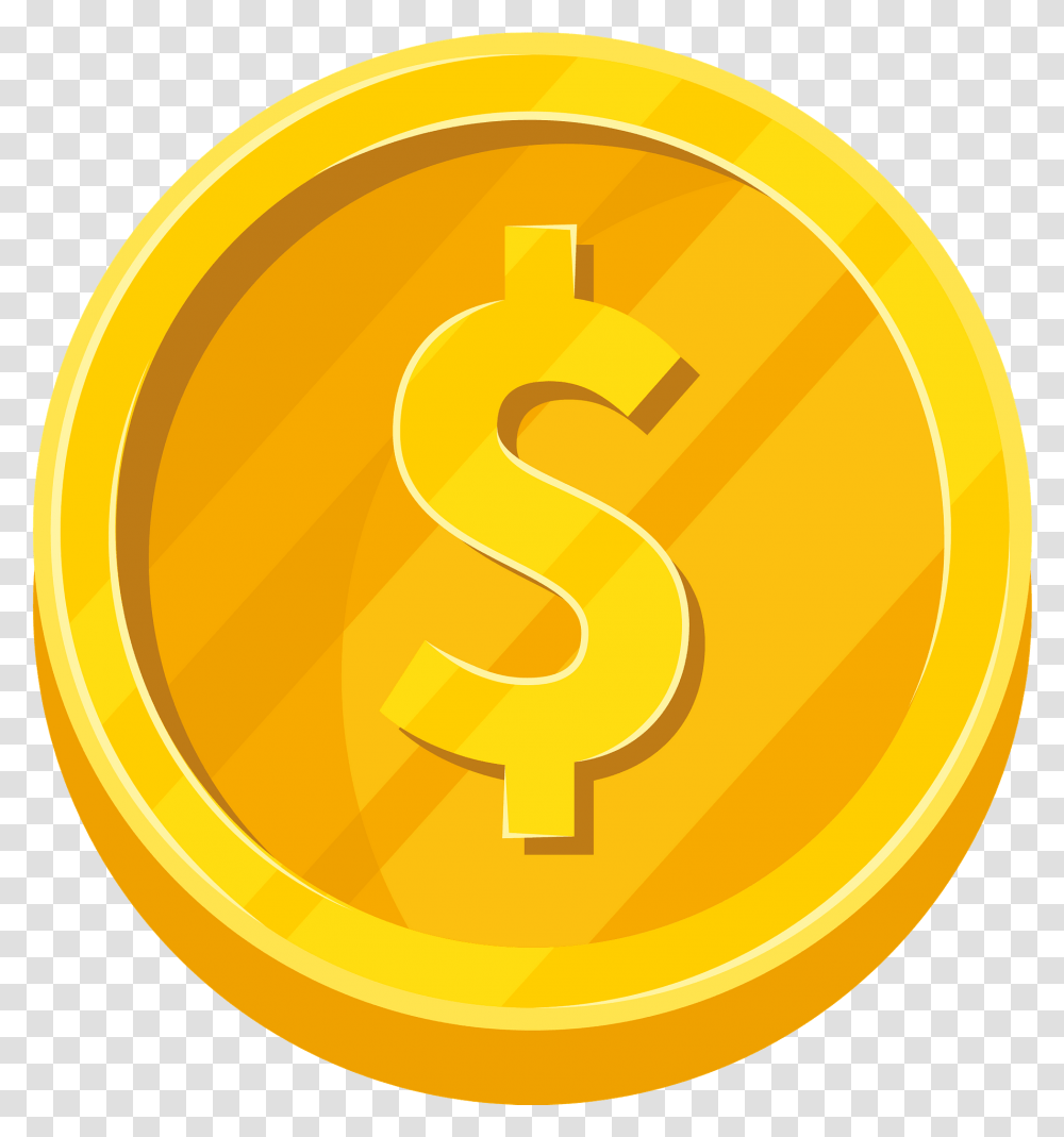 Golden Dollar Coin Clipart Coin Clipart, Number, Symbol, Text, Logo Transparent Png