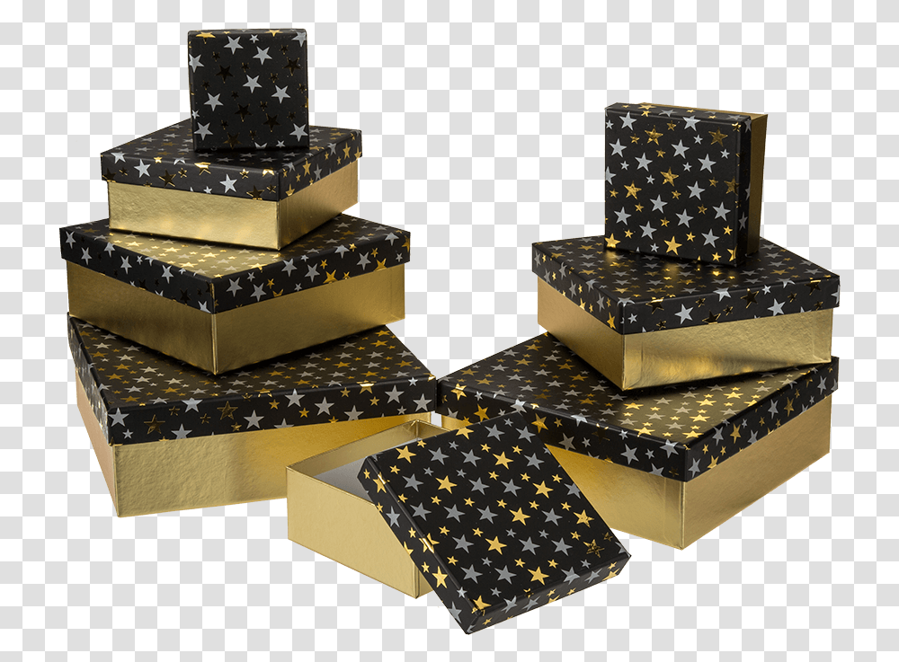 Golden Gift Box With Silvergold Stars Out Of The Blue Kg, Game, Wedding Cake, Dessert, Food Transparent Png