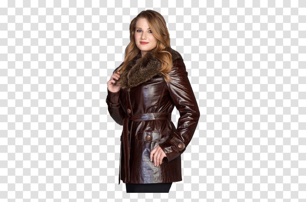 Golden Long Leather Jacket Woman In Leather Jacket Fur, Apparel, Coat, Person Transparent Png