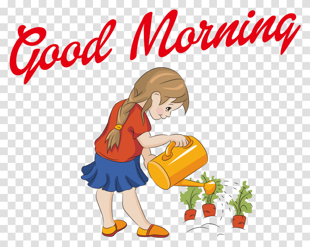 Good Morning Image Water The Plants Cartoon, Person, Female, Girl, Poster Transparent Png