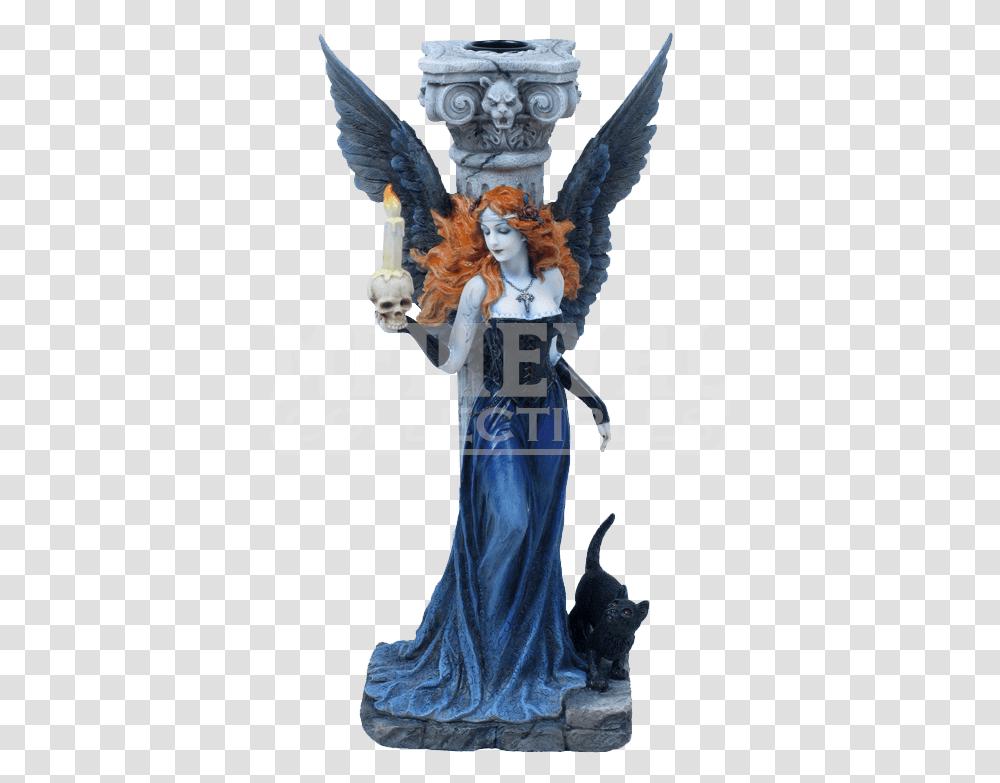 Gothic Angel With Black Cat Candle Holder Witch Figurines, Advertisement, Poster, Person, Human Transparent Png