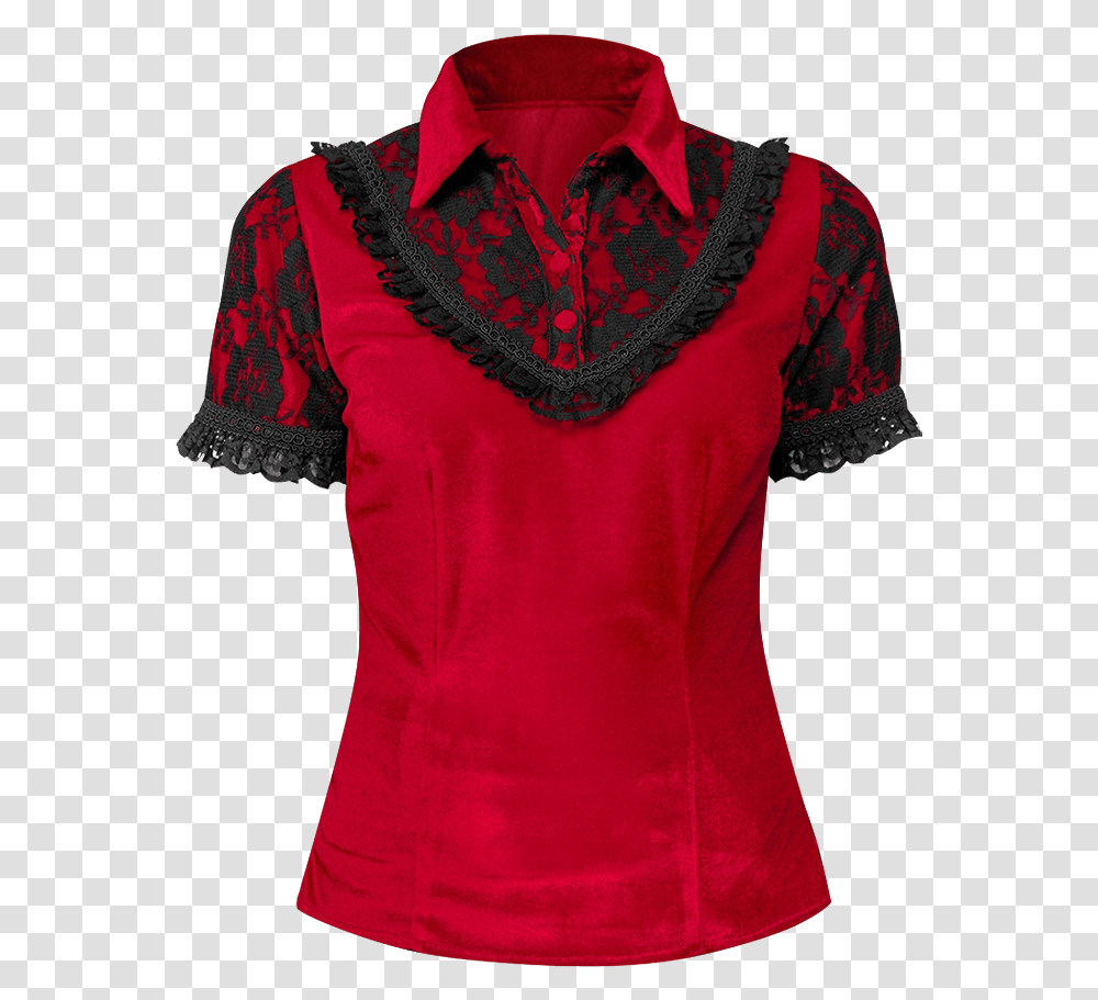 Gothic Red Velvet Lace Collar Shirt Blouse, Apparel, Person, Human Transparent Png