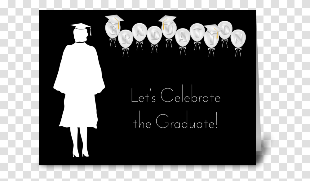 Grad Girl Balloons Black And White Greeting Card Illustration, Person, Human, Apparel Transparent Png