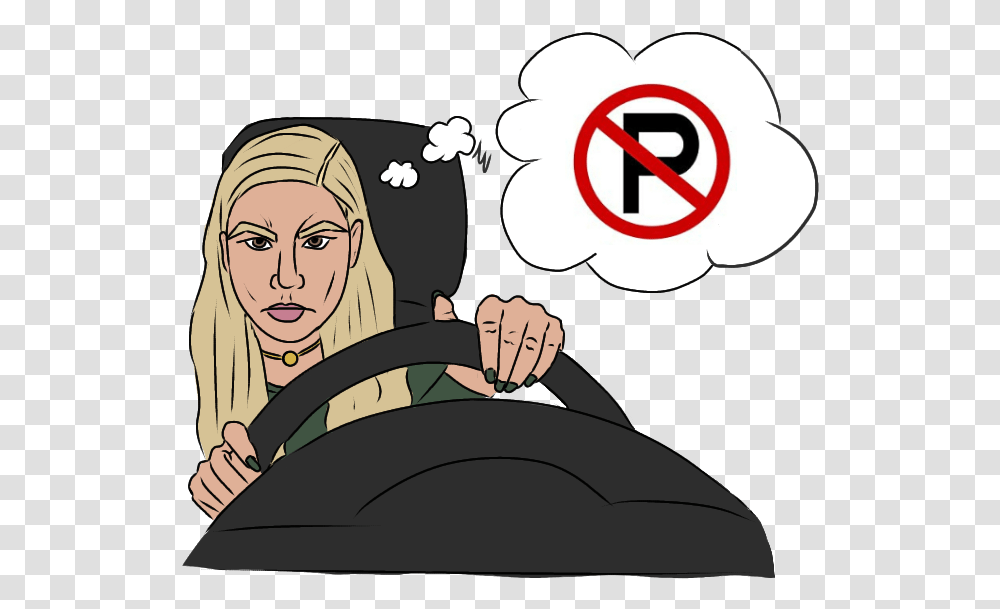 Graphic Depicts A Blond Woman Angrily Driving Because Parking Sign, Person, Hand, Poster, Face Transparent Png