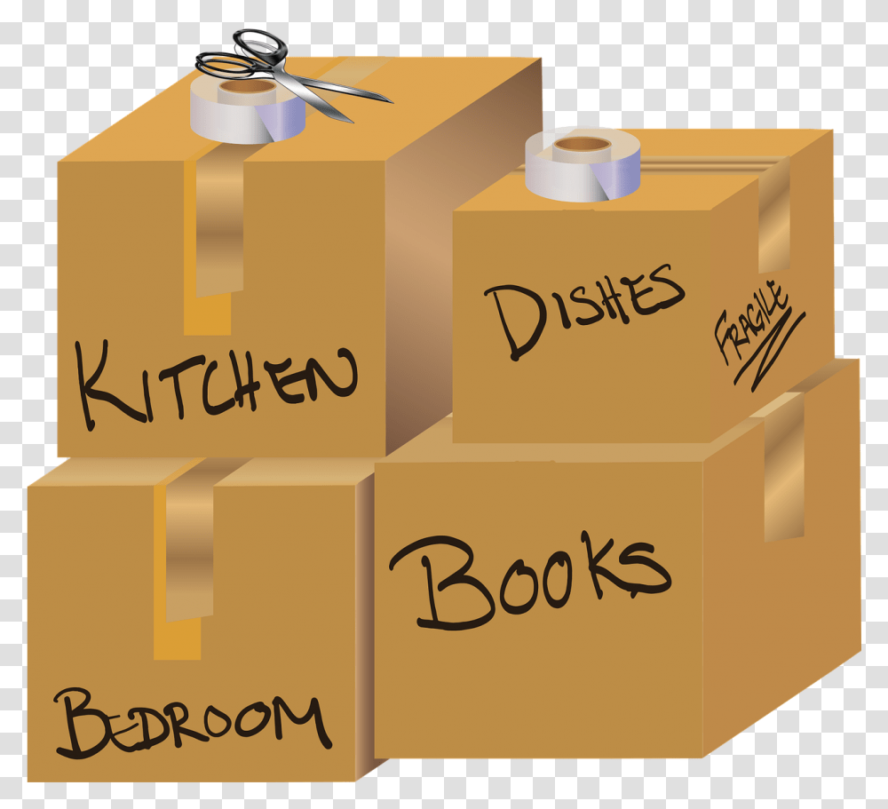 Graphic Moving Boxes Boxes Scissors Packing Move Moving Boxes Clip Art, Cardboard, Carton, Paper Transparent Png