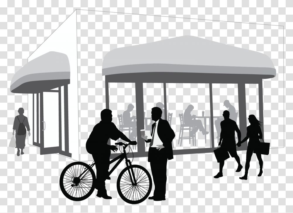 Graphic Of Large Awnings Over Business With People Hybrid Bicycle, Person, Vehicle, Transportation, Wheel Transparent Png