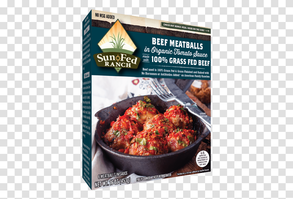 Grass Fed Beef Meatballs In Organic Tomato Sauce Sun Fed Ranch Grass Fed Beef Meatballs, Food, Advertisement, Flyer, Poster Transparent Png