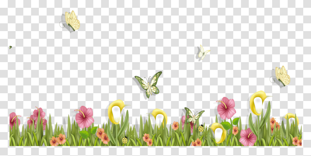 Grass With Butterflies And Flowers Clipart Spring Flower And Butterfly Clipart, Plant, Blossom, Flying, Bird Transparent Png