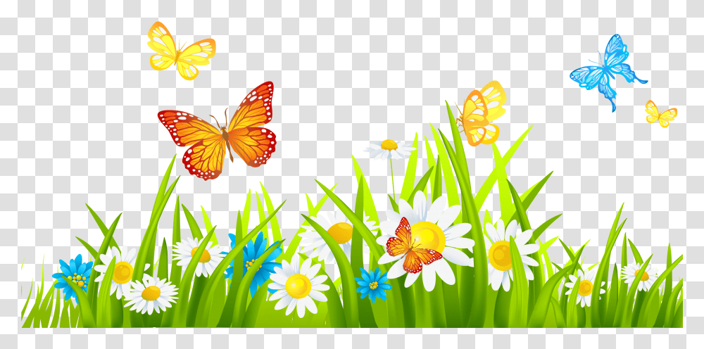 Grass With Flower Clipart Flowers With Grass, Floral Design, Pattern, Insect Transparent Png