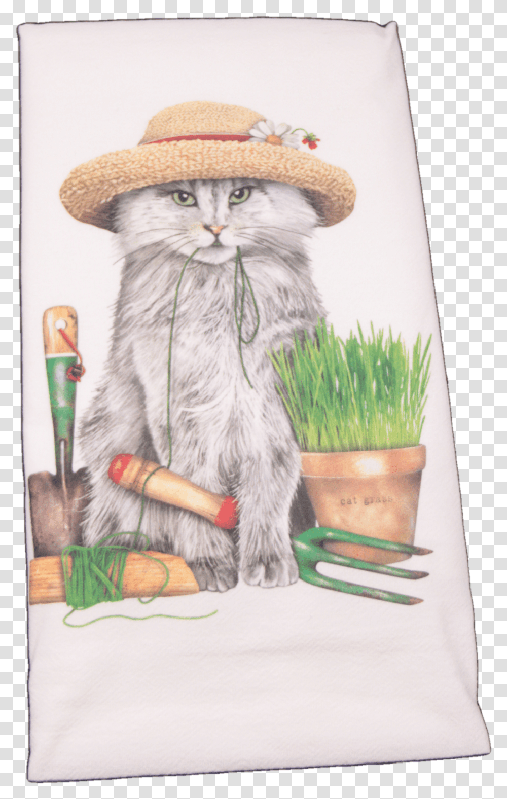 Gray Garden Cat With Hat Printed Flour Sack Dish Towel Towel, Pet, Mammal, Animal, Brush Transparent Png