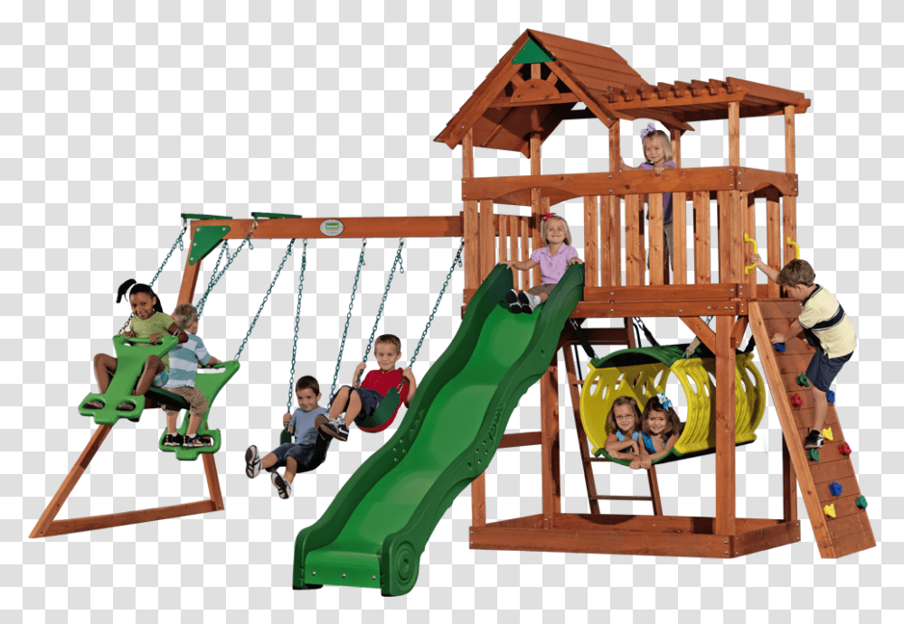 Great Swingset With Raised Fort Wood Roof Sun Porch Backyard Discovery Scottsdale Cedar Wooden, Person, Human, Toy, Play Area Transparent Png