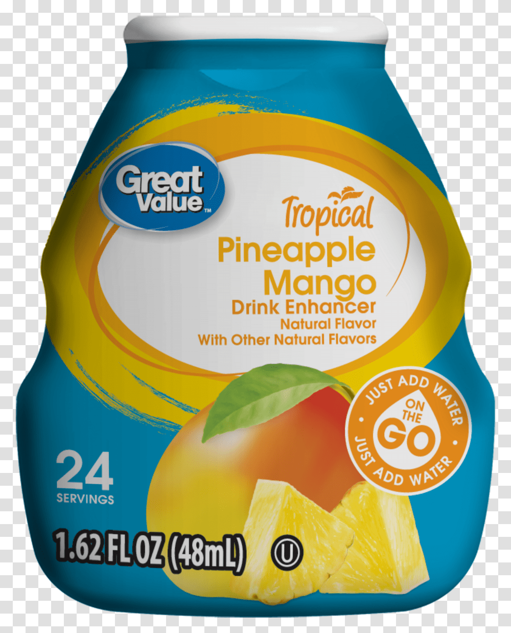 Great Value Tropical Drink Enhancer Pineapple Mango Fruit, Label, Bottle, Plant Transparent Png