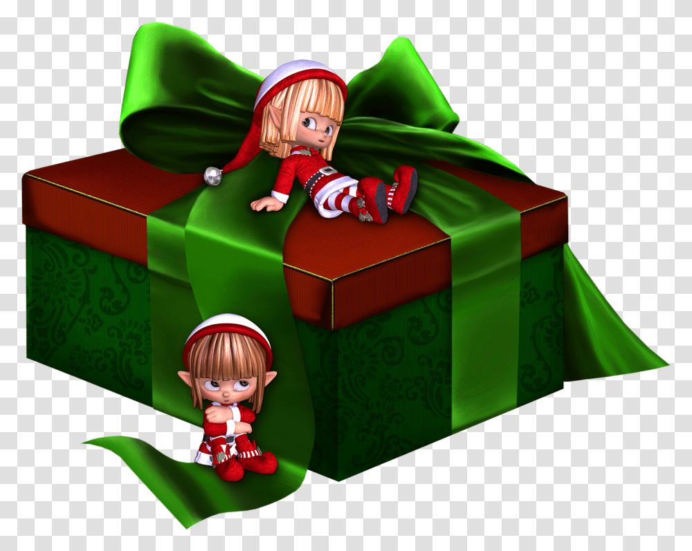 Green And Red 3d Present With Elfs Clipart Christmas Images Clipart 3d, Gift, Doll, Toy, Person Transparent Png