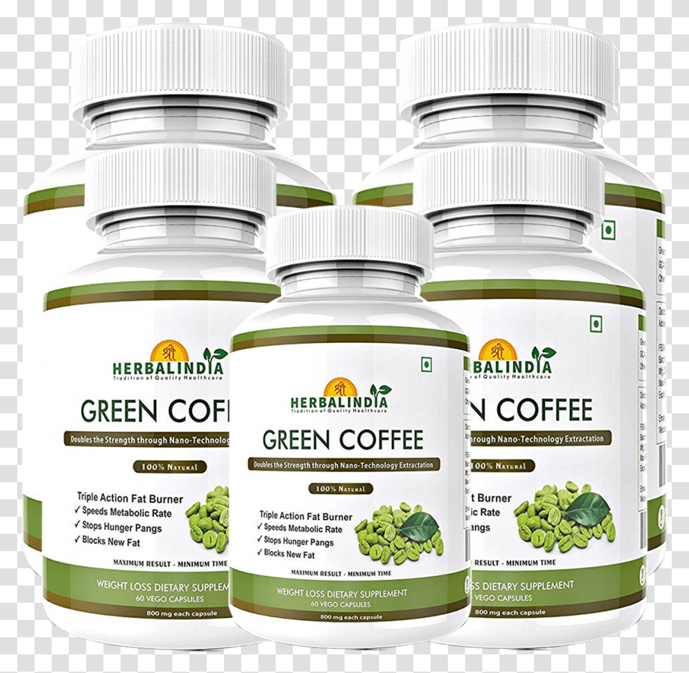 Green Coffee Bean Extract 5 Bottles Green Coffee Extract, Plant, Food, Medication, Jar Transparent Png