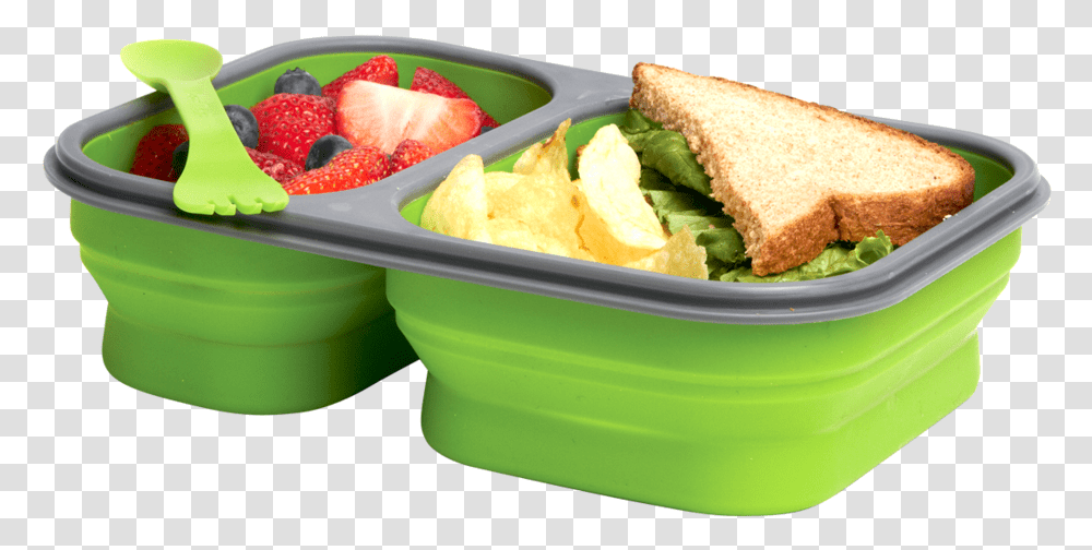 Green Collapsible Luchbox With Spork That Has Two Compartment Collapsible Food Containers, Sandwich, Lunch, Plant, Vase Transparent Png