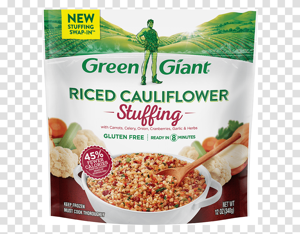 Green Giant Riced Cauliflower Stuffing, Plant, Food, Person, Menu Transparent Png