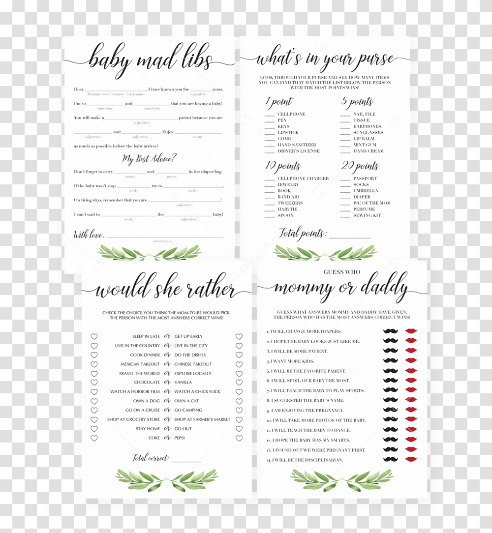 Green Leafy Baby Shower Games Bundle Printable By Littlesizzle Mommy Or Daddy Baby Game, Menu, Page Transparent Png