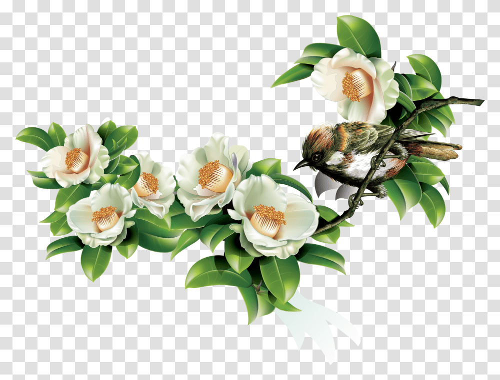 Green Leaves And Birds In Spring Clip Art, Floral Design, Pattern, Plant Transparent Png
