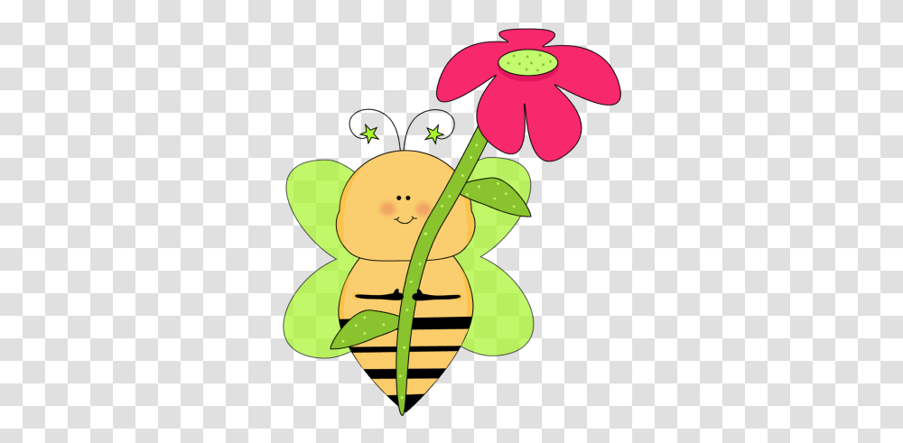 Green Star Bee With A Pink Flower Clip Art Green Star Bee Cute May Flowers Clipart, Plant, Graphics, Baby, Blossom Transparent Png