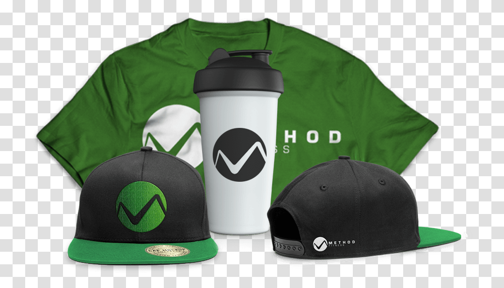 Green Swag Pack With Shirt Front View Of Hat With Baseball Cap, Apparel, Bottle, Shaker Transparent Png