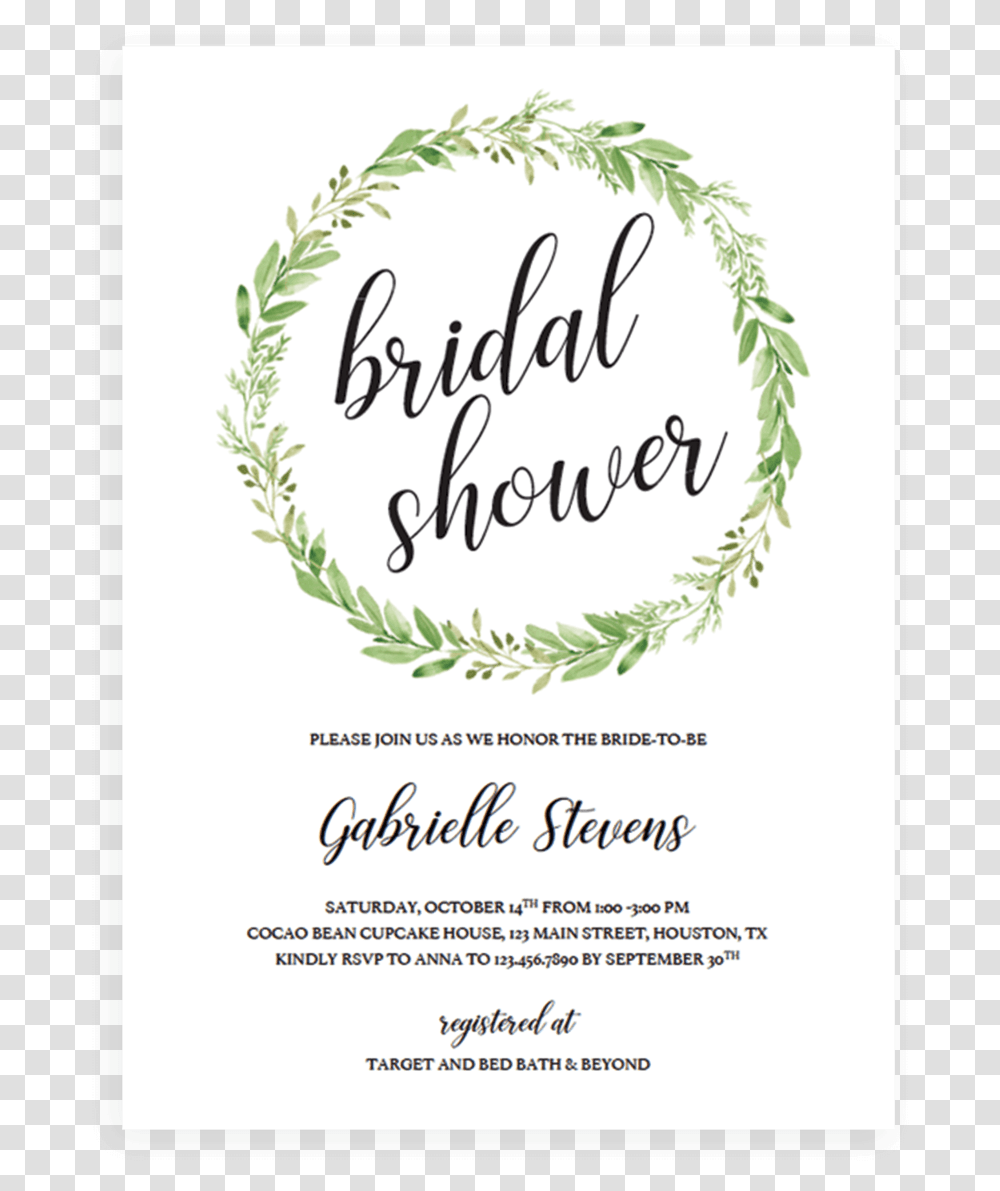 Green Wreath Bridal Shower Invitation Template Calligraphy, Advertisement, Flyer, Poster, Paper Transparent Png