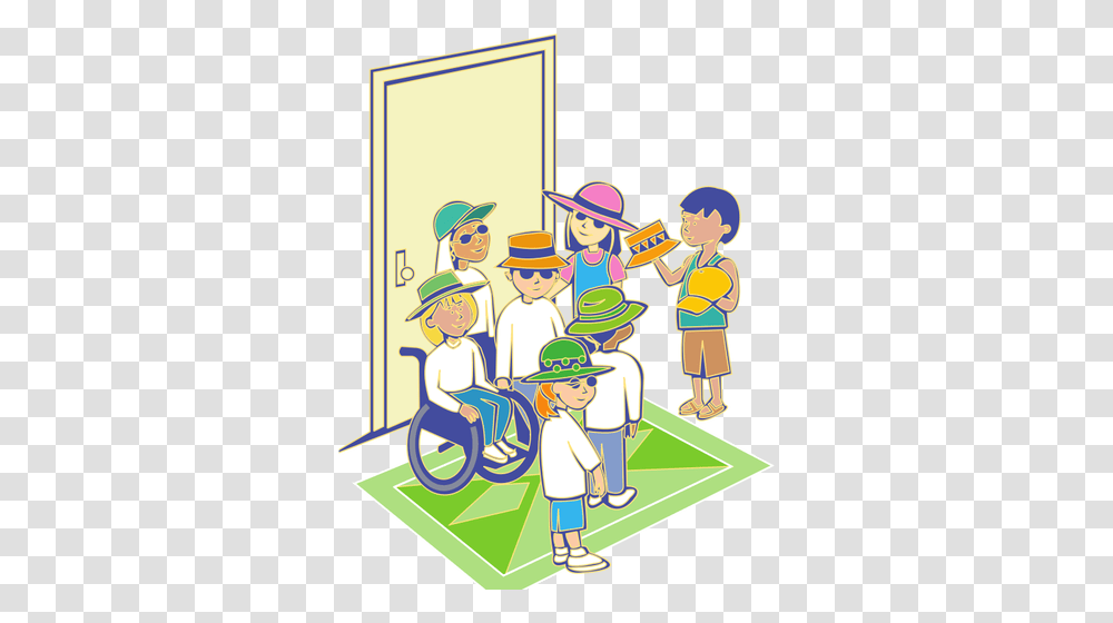 Group Of Kids With Hats In Front Of Door Vector Illustration, Person, People, Drawing Transparent Png