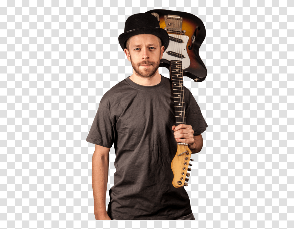 Guitarist Stand And Holds A Guitar Image Man With Guitar, Person, Human, Leisure Activities, Musical Instrument Transparent Png