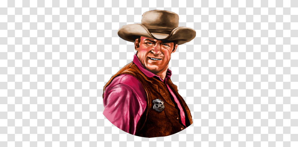 Gunsmoke Play To The 2 By Gaming Slot Machine Cartoon, Clothing, Apparel, Person, Hat Transparent Png