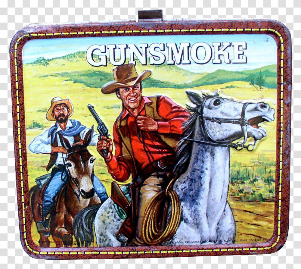 Gunsmoke Tv Show 1972 Metal Lunchbox Vintage Lunch Boxes Vintage Gunsmoke Lunch Box, Person, Horse, Mammal, Animal Transparent Png