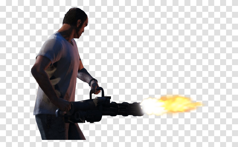 Guy Holding A Mini Gun, Person, Weapon, People, Fire Transparent Png