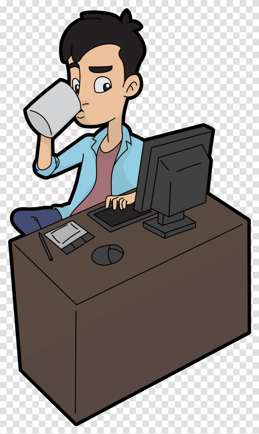 Guy On Computer Cartoon, Furniture, Table, Desk Transparent Png