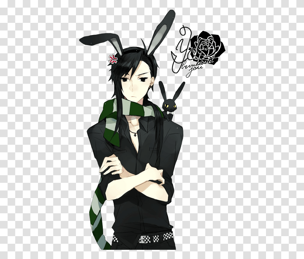 Guy With Bunny Ears Anime Download Black Bunny Anime Boy, Person, Manga, Comics, Book Transparent Png
