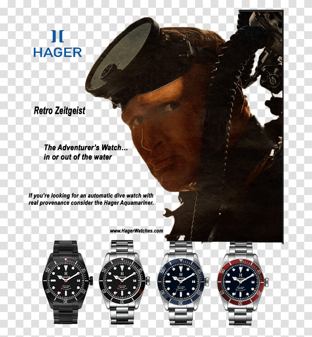 Hager About Time Ad Automatic Dlc Dive Watch, Wristwatch, Person, Hat, Advertisement Transparent Png
