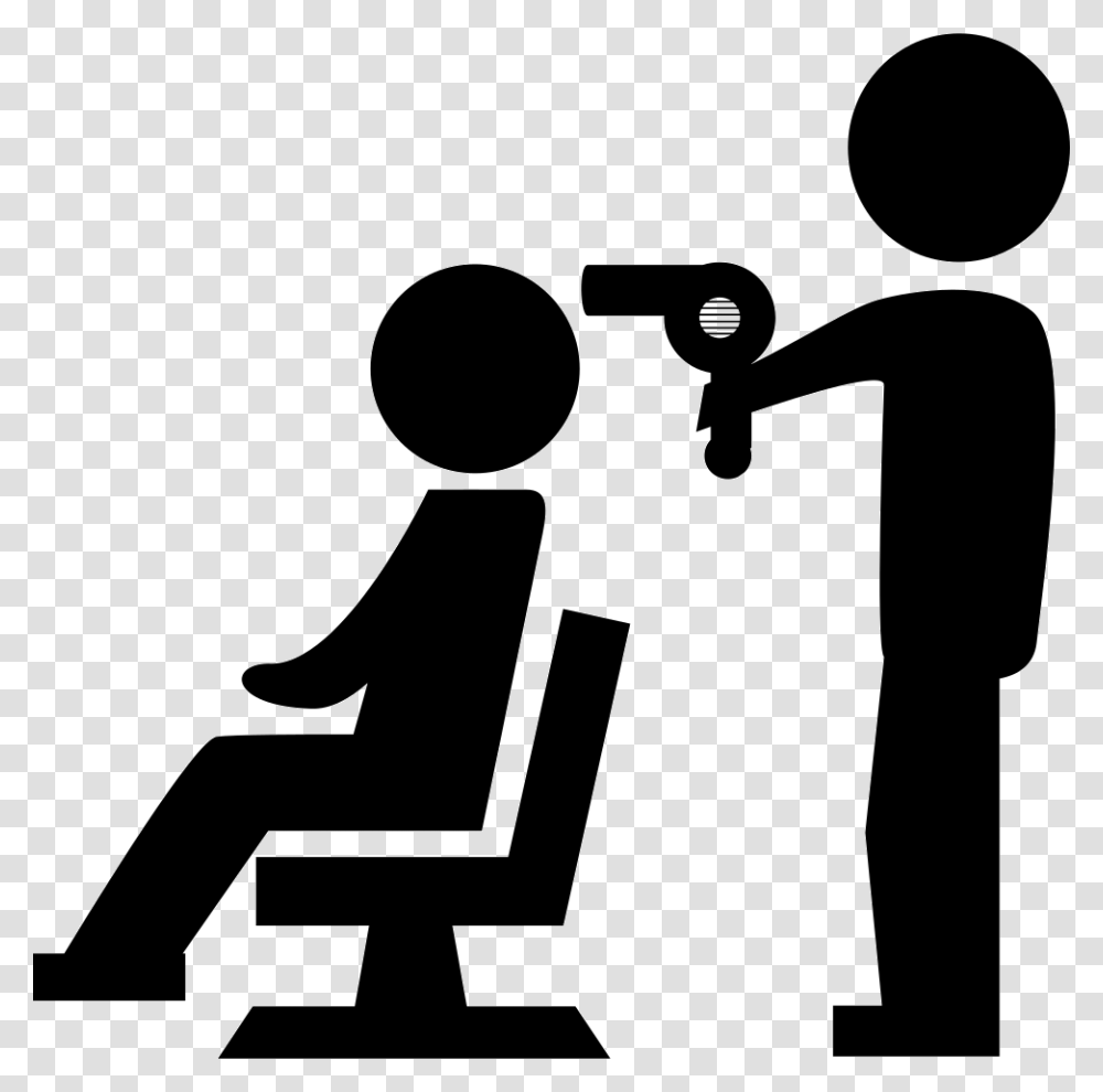 Hairdresser Drying The Hair Of A Client Sitting On Hairdresser Icon, Photography, Kneeling, Stencil, Silhouette Transparent Png